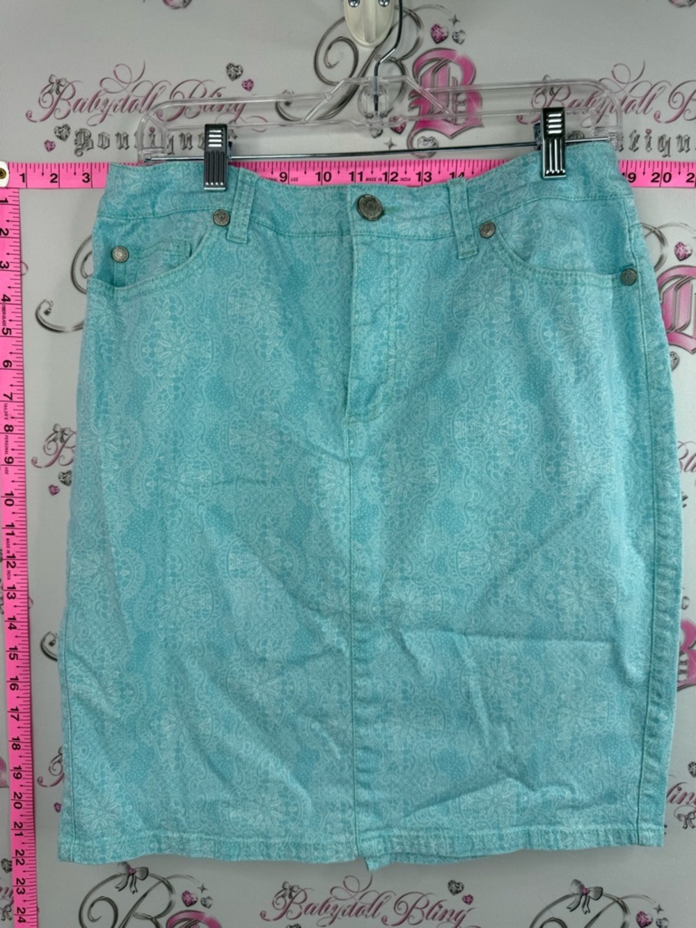 Nine West vintage America skirt, flowers, Light Teal Paisley Denim Pencil Skirt